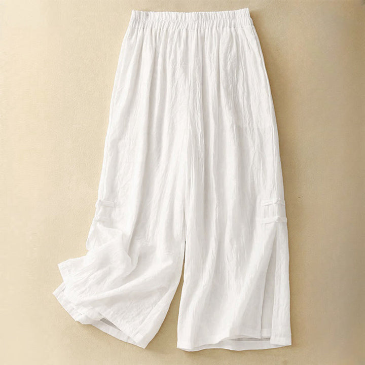 Pantalones anchos de algodón y lino con botones de rana china de color liso para mujer con Buddha Stones - Blanco - US8-10,UK/AU12-14,EU40-42 (2XL) - image 3