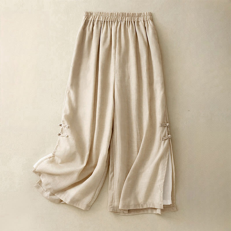 Pantalones anchos de algodón y lino con botones de rana china de color liso para mujer con Buddha Stones - LimónChiffon - US8-10,UK/AU12-14,EU40-42 (2XL) - image 10