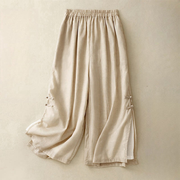 Pantalones anchos de algodón y lino con botones de rana china de color liso para mujer con Buddha Stones - LimónChiffon - US8-10,UK/AU12-14,EU40-42 (2XL) - image 10