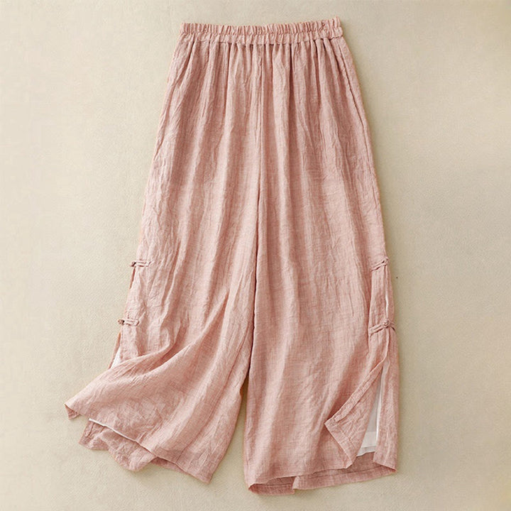 Pantalones anchos de algodón y lino con botones de rana china de color liso para mujer con Buddha Stones - Rosa claro - US8-10,UK/AU12-14,EU40-42 (2XL) - image 0