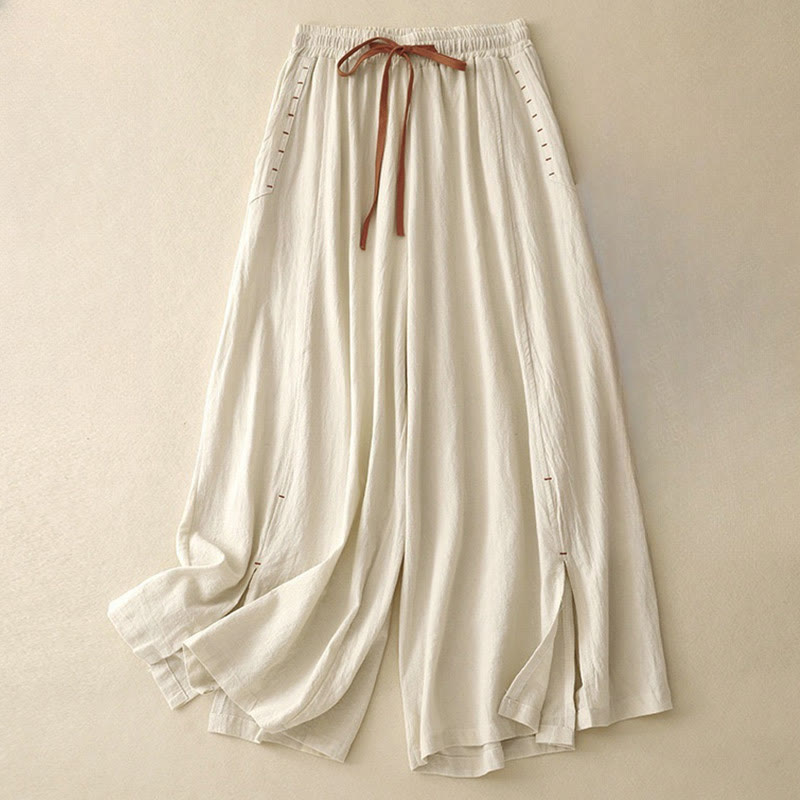 Pantalones de lino y algodón con diseño sencillo e informal de Buddha Stones para mujer, con aberturas laterales y bolsillos. - Beige - US8-10,UK/AU12-14,EU40-42 (2XL) - image 5