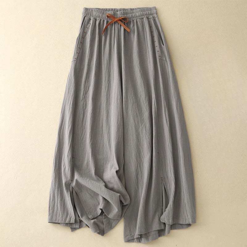 Pantalones de lino y algodón con diseño sencillo e informal de Buddha Stones para mujer, con aberturas laterales y bolsillos. - Gris pizarra claro - US8-10,UK/AU12-14,EU40-42 (2XL) - image 15
