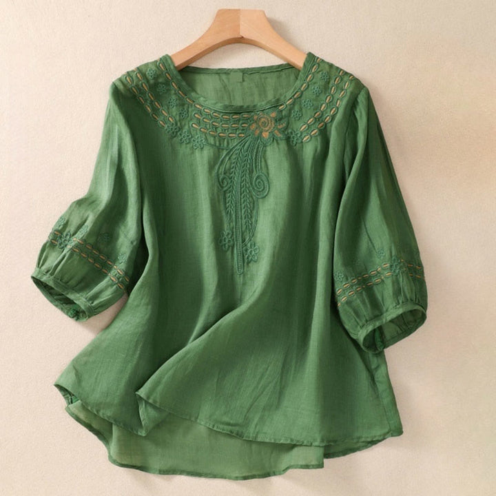 Camiseta de algodón y lino para mujer con diseño floral liso y bordado artístico de Buddha Stones, cuello redondo, manga corta y abullonada - Verdemar - US8-10,UK/AU12-14,EU40-42 (2XL) - image 19