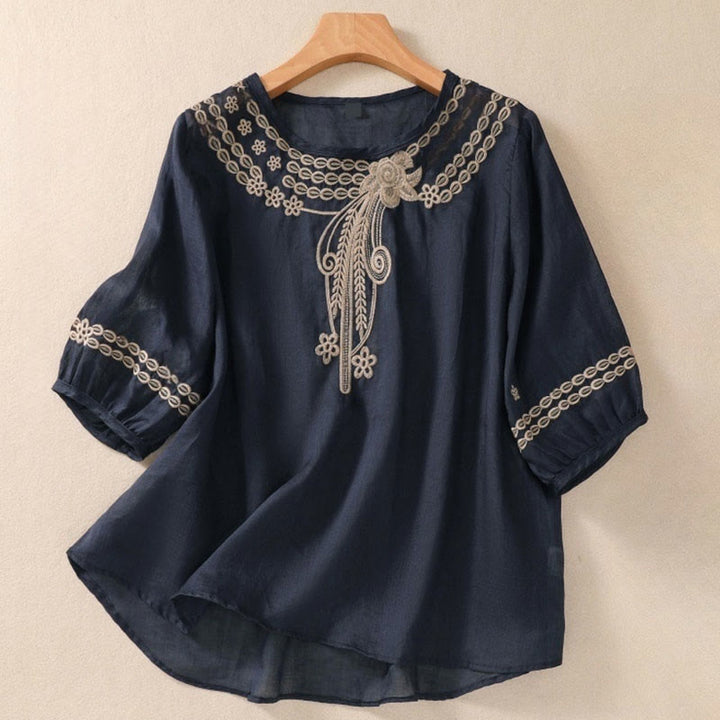 Camiseta de algodón y lino para mujer con diseño floral liso y bordado artístico de Buddha Stones, cuello redondo, manga corta y abullonada - Azul pizarra oscuro - US8-10,UK/AU12-14,EU40-42 (2XL) - image 0