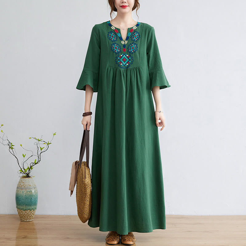 Vestido largo de lino y algodón con mangas tres cuartos, bordado étnico, estampado floral y Buddha Stones - Verdemar - US8-10,UK/AU12-14,EU40-42 (2XL) - image 15
