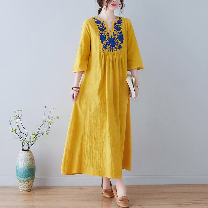 Vestido largo de lino y algodón con cuello en V, manga tres cuartos y diseño floral sencillo con bordado bohemio y Buddha Stones - Oro - US8-10,UK/AU12-14,EU40-42 (2XL) - image 0