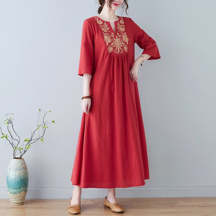 Vestido largo de lino y algodón con cuello en V, manga tres cuartos y diseño floral sencillo con bordado bohemio y Buddha Stones - NaranjaRojo - US8-10,UK/AU12-14,EU40-42 (2XL) - image 12