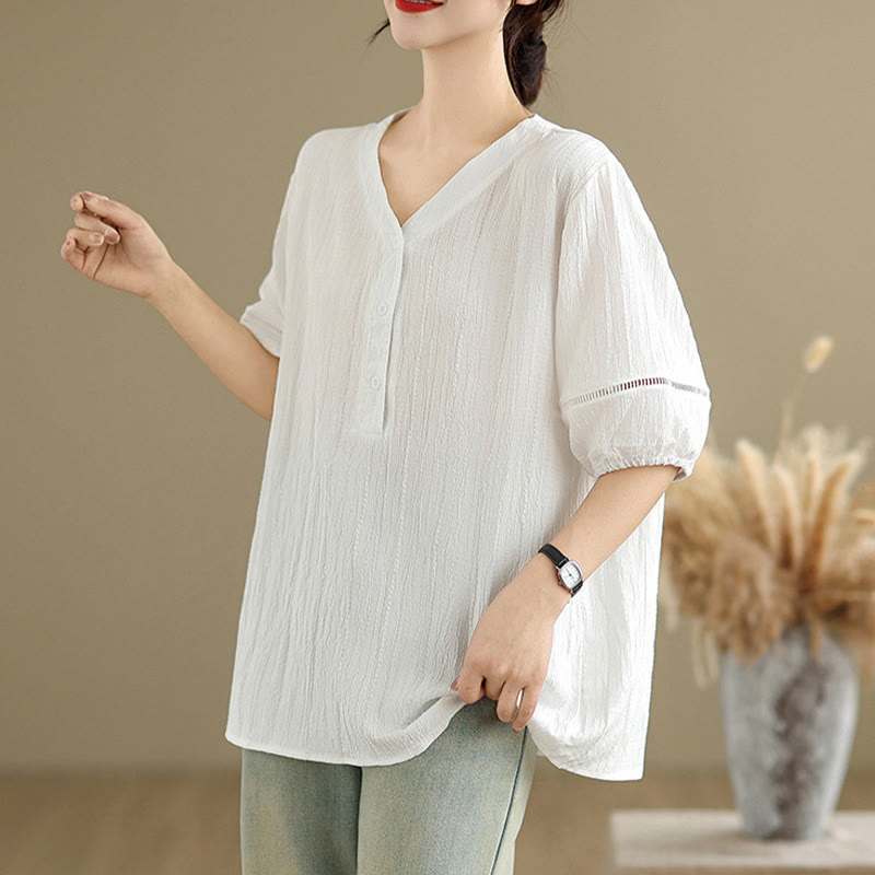 Camiseta de verano informal con cuello en V y mangas abullonadas de Buddha Stones para mujer