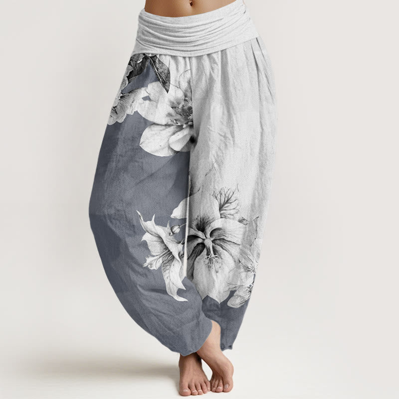 Pantalones harén con cintura elástica para mujer con estampado de camelia y Buddha Stones - Gainsboro - US22,UK/AU26,EU54 (6XL) - image 5