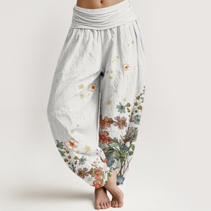 Pantalones harén de cintura elástica para mujer con estampado de varias flores y Buddha Stones - Humo blanco - US22,UK/AU26,EU54 (6XL) - image 8