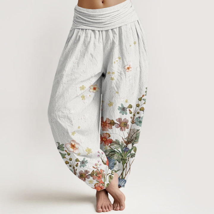 Pantalones harén de cintura elástica para mujer con estampado de varias flores y Buddha Stones - Humo blanco - US22,UK/AU26,EU54 (6XL) - image 8