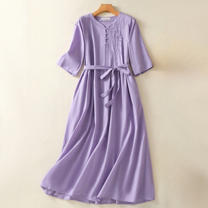 Vestido midi de lino y algodón con cuello en V, media manga y bolsillos, bordado de orquídeas de verano con Buddha Stones - Orquídea - US8-10,UK/AU12-14,EU40-42 (2XL) - image 0