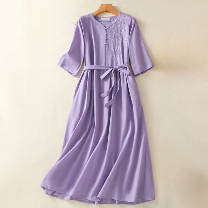 Vestido midi de lino y algodón con cuello en V, media manga y bolsillos, bordado de orquídeas de verano con Buddha Stones - Orquídea - US8-10,UK/AU12-14,EU40-42 (2XL) - image 0