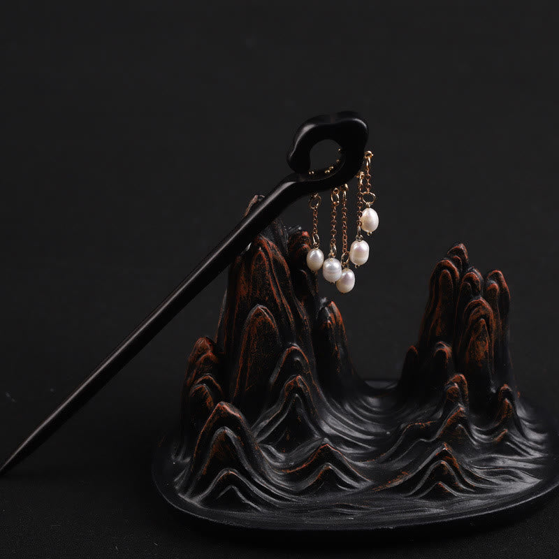 Horquilla protectora con borla de perla de nube auspiciosa de ébano y Buddha Stones