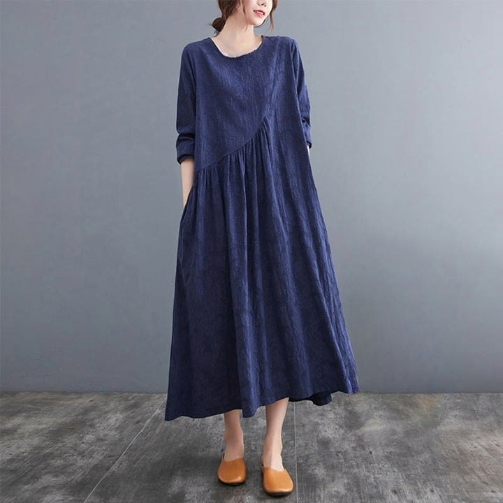 Vestido midi de algodón y lino con estampado jacquard de Buddha Stones Smiple, manga larga y bolsillos para mujer - Azul acero - US8-10,UK/AU12-14,EU40-42 (2XL) - image 20