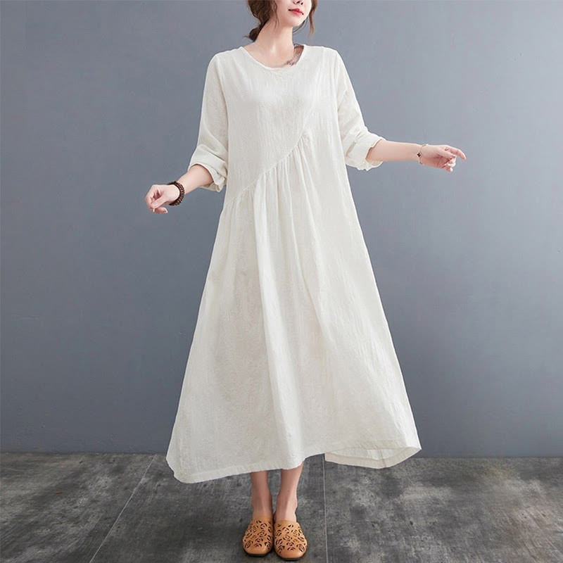 Vestido midi de algodón y lino con estampado jacquard de Buddha Stones Smiple, manga larga y bolsillos para mujer - Blanco - US8-10,UK/AU12-14,EU40-42 (2XL) - image 0