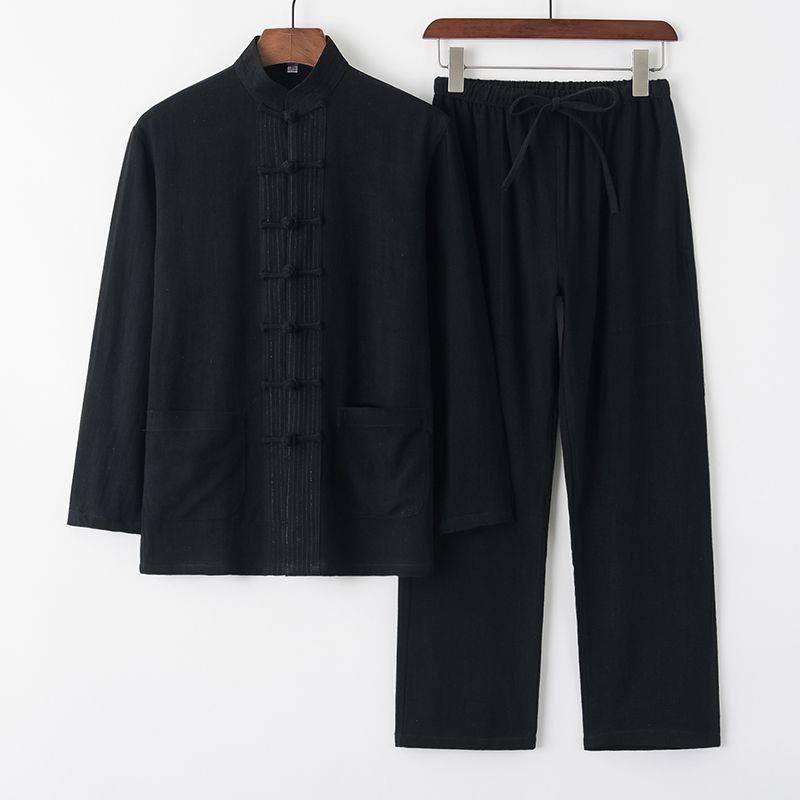 Conjunto de 2 piezas de traje Tang con botones de rana, camisa de manga larga y pantalones para hombre con Buddha Stones - Negro - US/UK/AU42, UE52 (4XL) - image 12