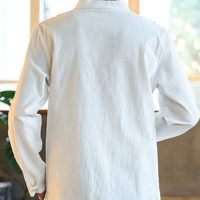 Camisa de lino para hombre, estilo casual, con cuello alto, botones de rana y manga larga, con estampado de Buddha Stones - image 1