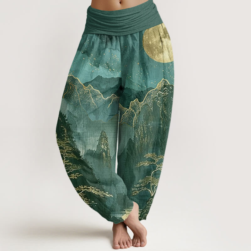 Pantalones harén con cintura elástica para mujer, con estampado de Buddha Stones , luna llena, montañas, árboles y río - Cian oscuro - US22,UK/AU26,EU54 (6XL) - image 8