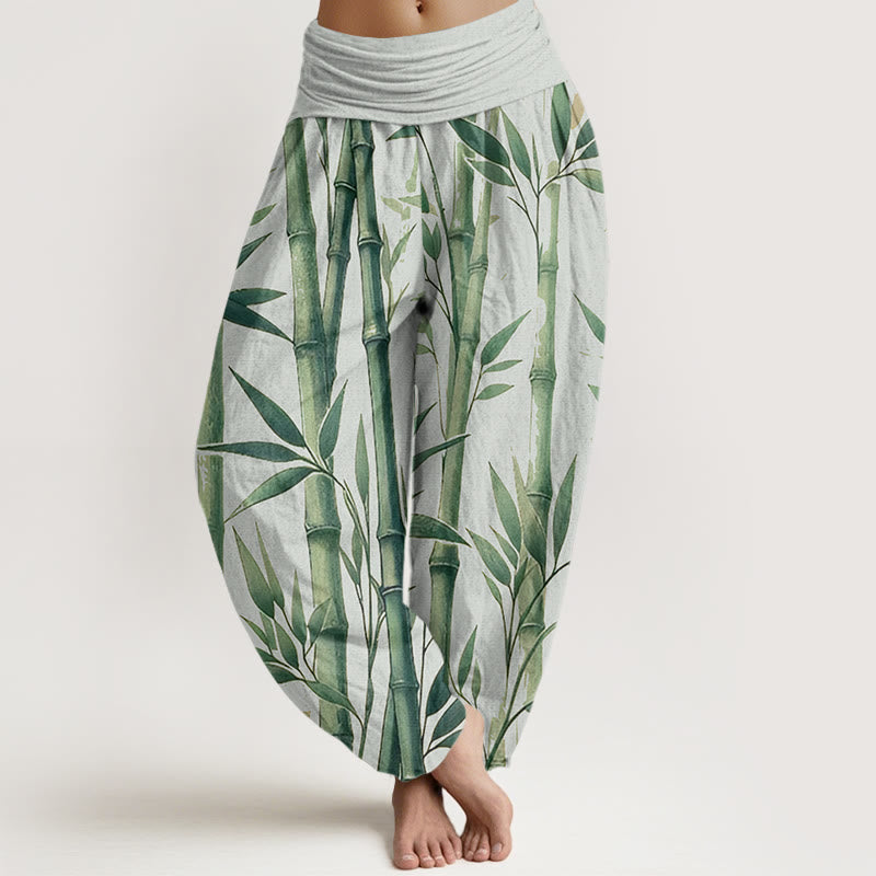 Pantalones harén de cintura elástica para mujer con estampado de hojas de bambú y Buddha Stones - Crema de menta - US22,UK/AU26,EU54 (6XL) - image 1