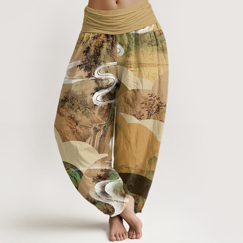 Pantalones harén con cintura elástica para mujer, diseño de paisaje chino con Buddha Stones, montañas, ríos y niebla - Caqui - US22,UK/AU26,EU54 (6XL) - image 5