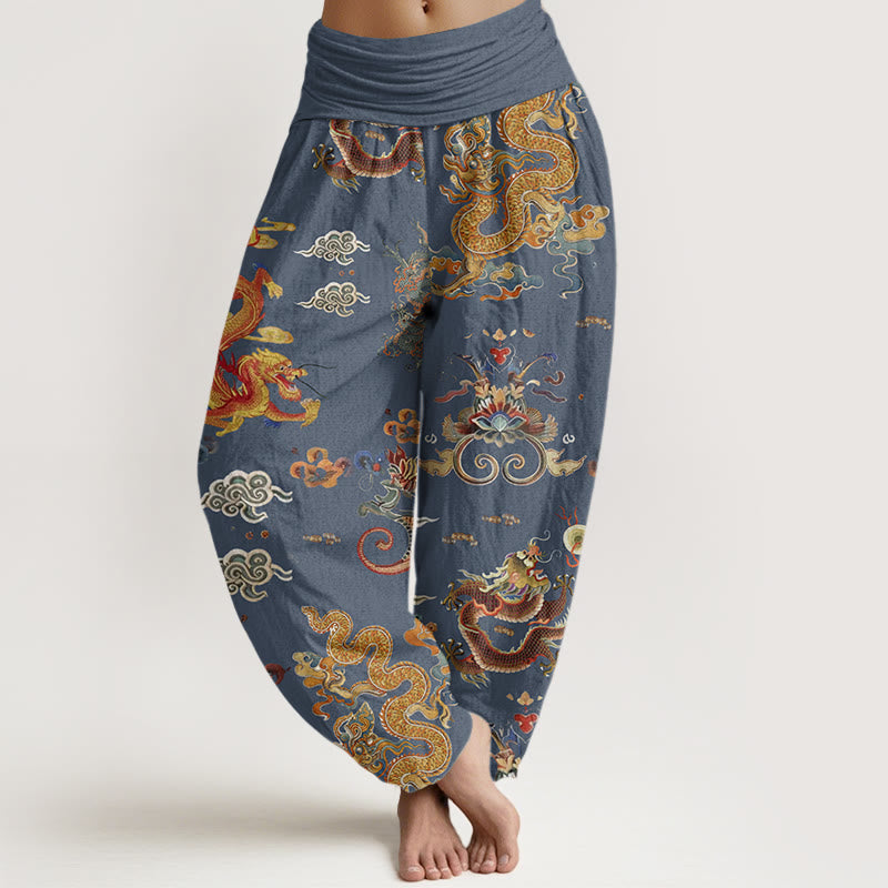 Pantalones harén de cintura elástica para mujer con diseño de Buddha Stones, dragones dorados y nubes auspiciosas - Azul acero - US22,UK/AU26,EU54 (6XL) - image 5