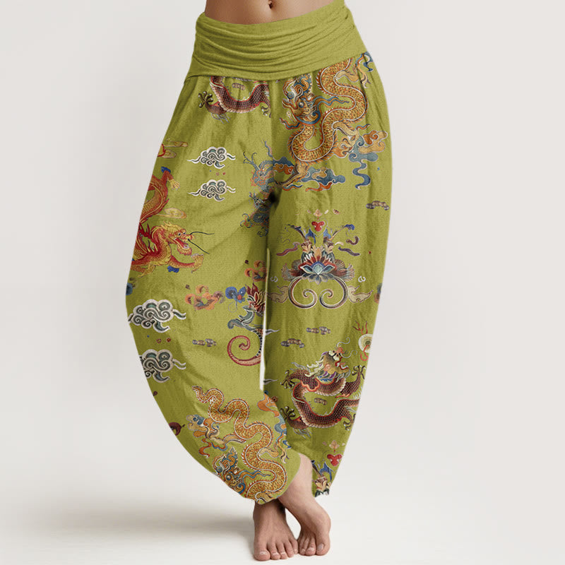 Pantalones harén de cintura elástica para mujer con diseño de Buddha Stones, dragones dorados y nubes auspiciosas - AmarilloVerde - US22,UK/AU26,EU54 (6XL) - image 8