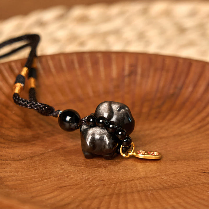 Collar protector con forma de perro Fu de obsidiana plateada con brillo de piedra de Buda, adorno colgante para teléfono