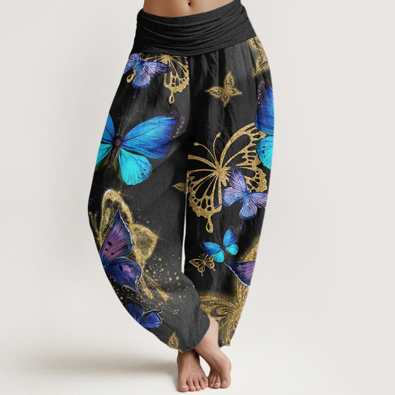 Pantalones harén con cintura elástica para mujer, con estampado de mariposas doradas y piedras de Buddha Stones - Negro - US22,UK/AU26,EU54 (6XL) - image 8