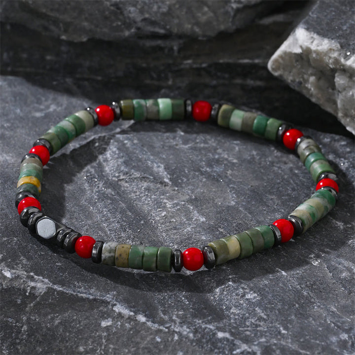Pulsera poderosa de hematita y coral rojo con piedras verdes naturales de Buddha Stones
