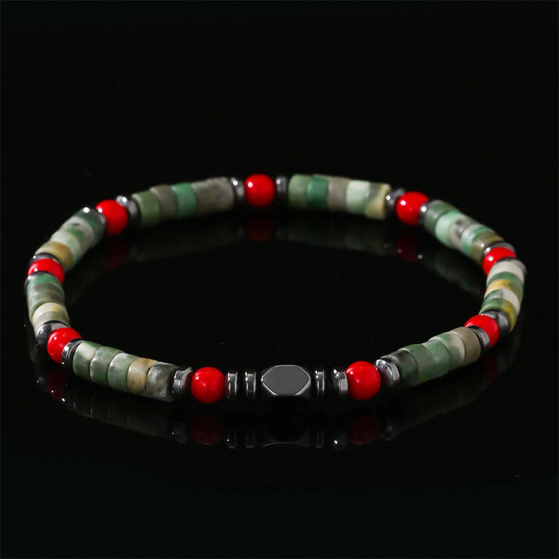 Pulsera poderosa de hematita y coral rojo con piedras verdes naturales de Buddha Stones