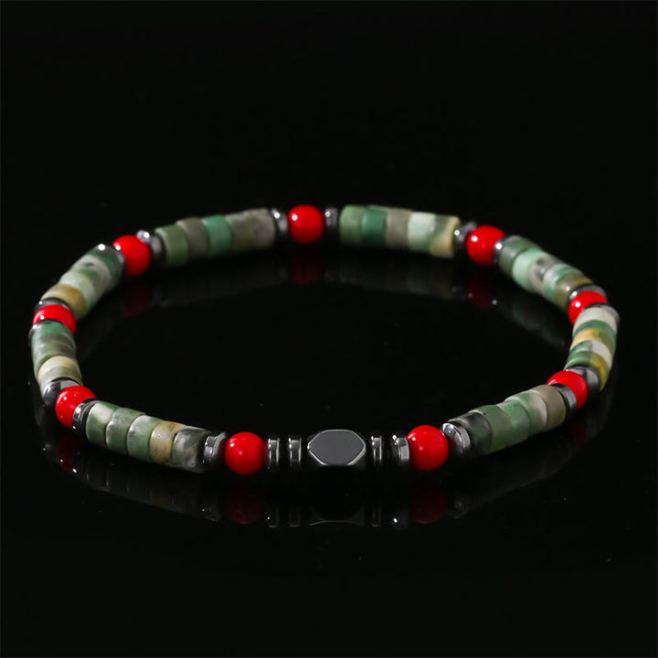Pulsera poderosa de hematita y coral rojo con piedras verdes naturales de Buddha Stones