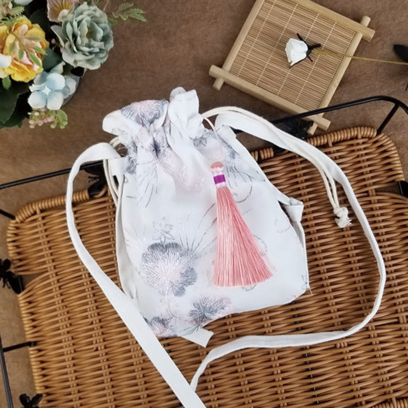 Bolso bandolera de lona con Buddha Stones , flores bordadas y flores de cerezo enredaderas.