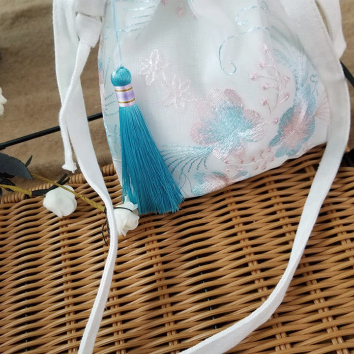 Bolso bandolera de lona con Buddha Stones , flores bordadas y flores de cerezo enredaderas.