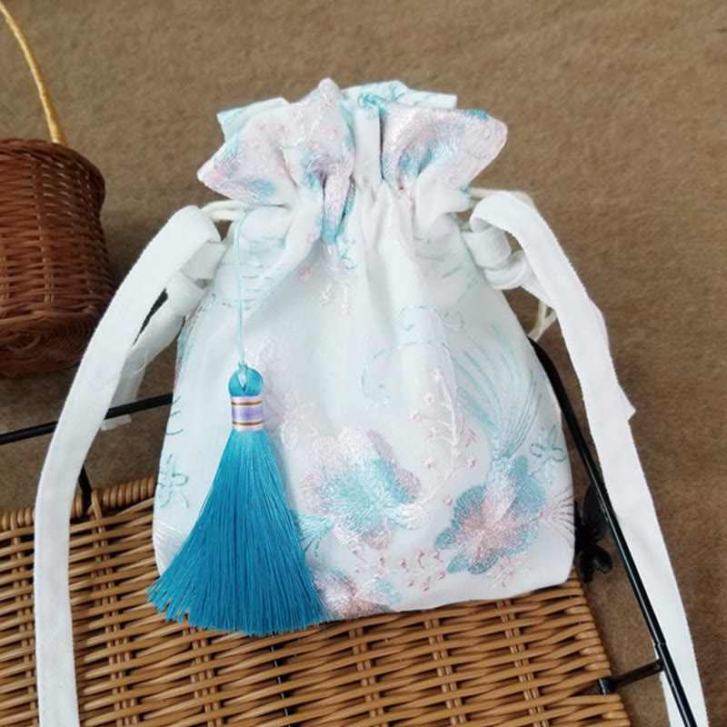 Bolso bandolera de lona con Buddha Stones , flores bordadas y flores de cerezo enredaderas.