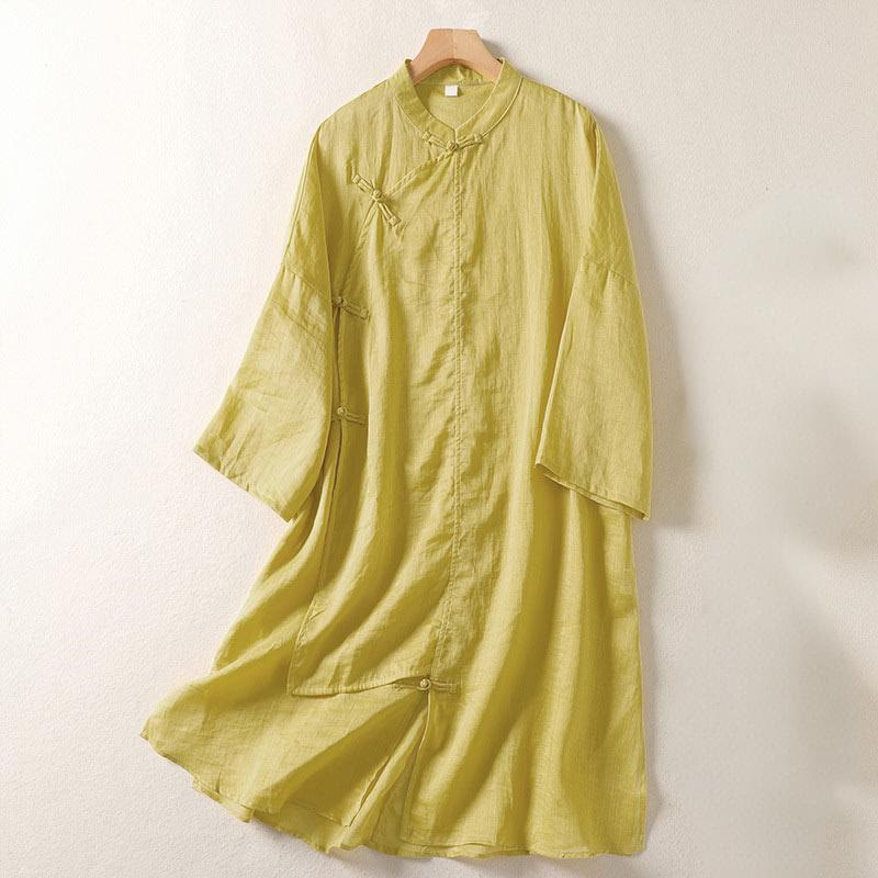 Vestido midi de algodón y lino para mujer, de manga larga, liso, con botones de rana y Buddha Stones - Caqui - US8-10,UK/AU12-14,EU40-42 (2XL) - image 0