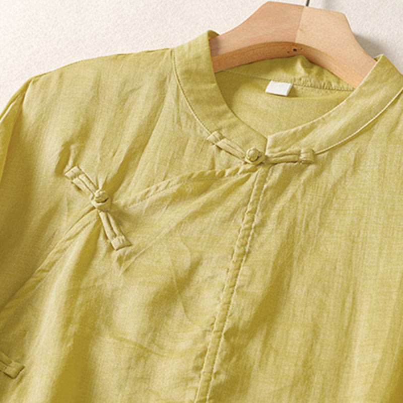 Vestido midi de algodón y lino para mujer, de manga larga, liso, con botones de rana y Buddha Stones - image 1