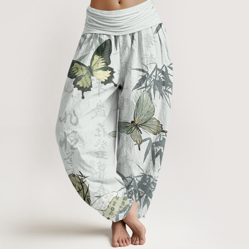 Pantalones harén de cintura elástica para mujer con diseño de Buddha Stones , hojas de bambú y caracteres chinos - Gotas de miel - US22,UK/AU26,EU54 (6XL) - image 8