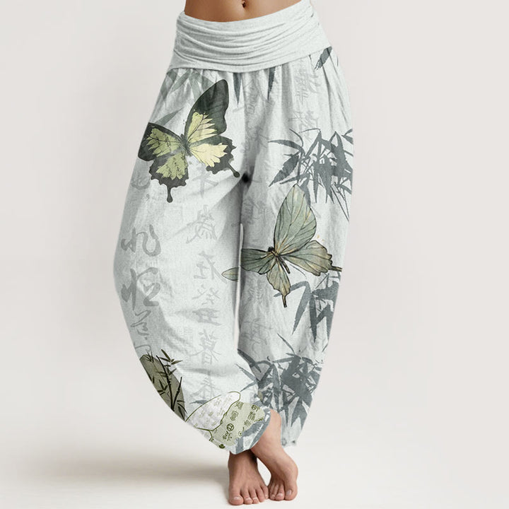 Pantalones harén de cintura elástica para mujer con diseño de Buddha Stones , hojas de bambú y caracteres chinos - Gotas de miel - US22,UK/AU26,EU54 (6XL) - image 8