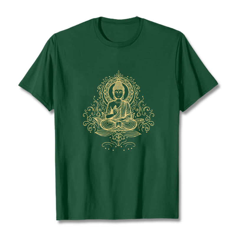 Camiseta de Buda con Buddha Stones, flores de loto y vides para meditación - Verde bosque - 2XL - image 1