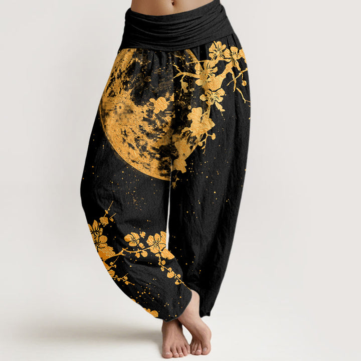 Pantalones harén con cintura elástica para mujer con diseño de flor de ciruelo dorada y luna llena de Buddha Stones - Negro - US22,UK/AU26,EU54 (6XL) - image 1