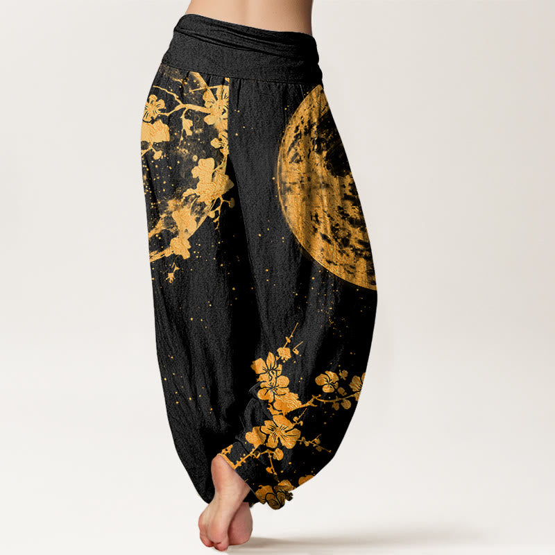 Pantalones harén con cintura elástica para mujer con diseño de flor de ciruelo dorada y luna llena de Buddha Stones - image 2