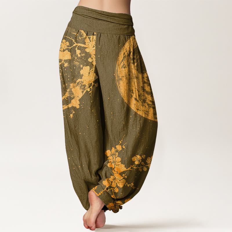 Pantalones harén con cintura elástica para mujer con diseño de flor de ciruelo dorada y luna llena de Buddha Stones - image 6