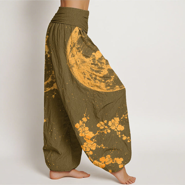 Pantalones harén con cintura elástica para mujer con diseño de flor de ciruelo dorada y luna llena de Buddha Stones - image 7