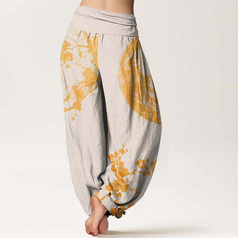 Pantalones harén con cintura elástica para mujer con diseño de flor de ciruelo dorada y luna llena de Buddha Stones - image 9