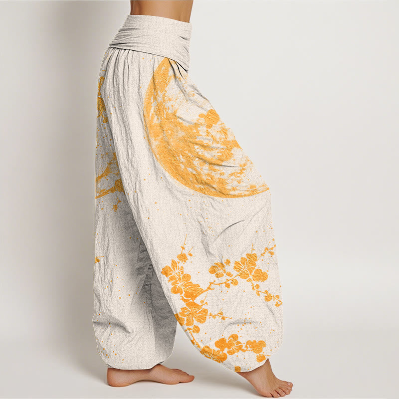 Pantalones harén con cintura elástica para mujer con diseño de flor de ciruelo dorada y luna llena de Buddha Stones - image 10