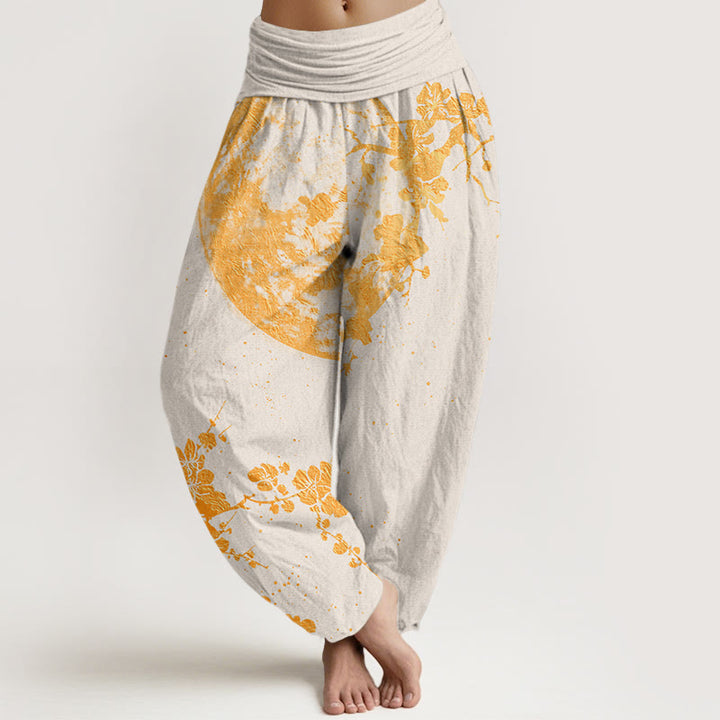 Pantalones harén con cintura elástica para mujer con diseño de flor de ciruelo dorada y luna llena de Buddha Stones - Beige - US22,UK/AU26,EU54 (6XL) - image 8