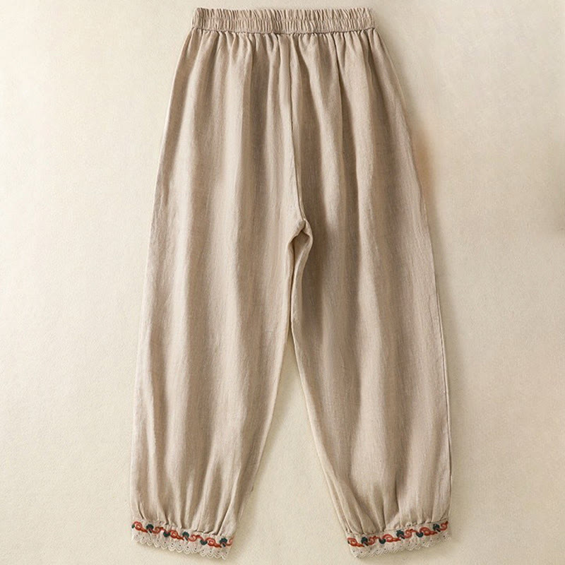 Pantalones harén de lino y algodón para mujer, informales, con diseño de encaje lateral, de Buddha Stones, de largo 7-8 y bolsillos - image 1