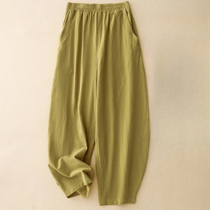Pantalones de lino y algodón con cintura elástica para mujer, estilo diario, Buddha Stones, con bolsillos - AmarilloVerde - US8-10,UK/AU12-14,EU40-42 (2XL) - image 0