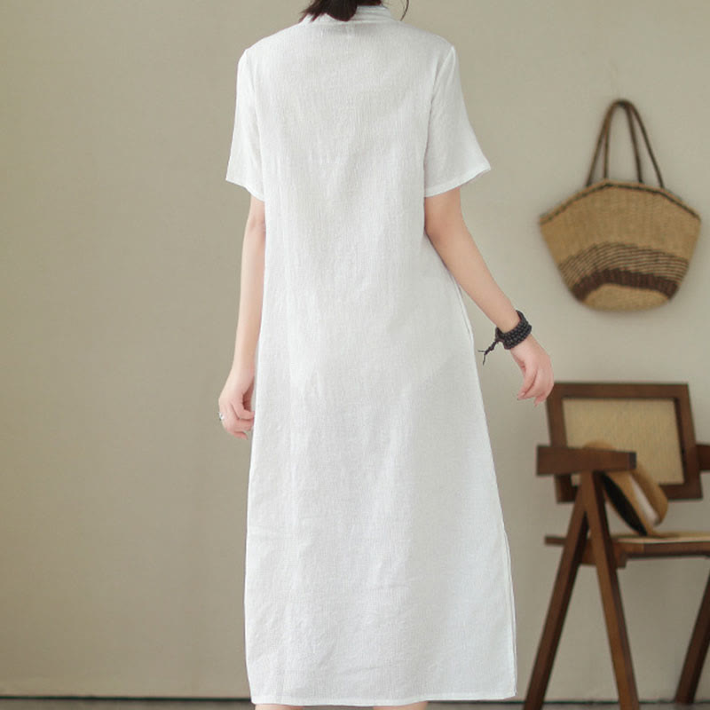 Vestido cheongsam qipao chino de manga corta con bolsillos y estampado de Buddha Stones en color puro - image 1